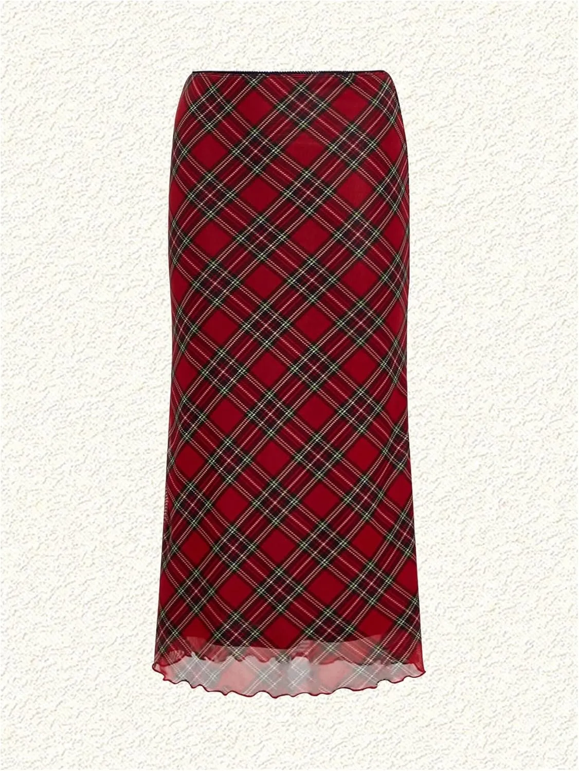 Verdusa Women's Plaid Skirt Y2k Mesh Overlay Midi Skirt Long Flowy Grunge Skirt
