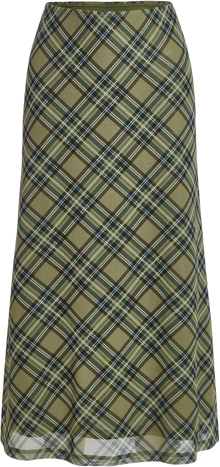 Verdusa Women's Plaid Skirt Y2k Mesh Overlay Midi Skirt Long Flowy Grunge Skirt