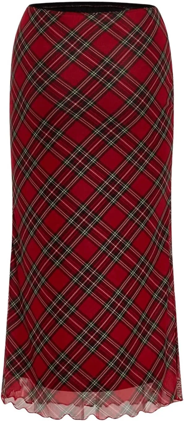 Verdusa Women's Plaid Skirt Y2k Mesh Overlay Midi Skirt Long Flowy Grunge Skirt