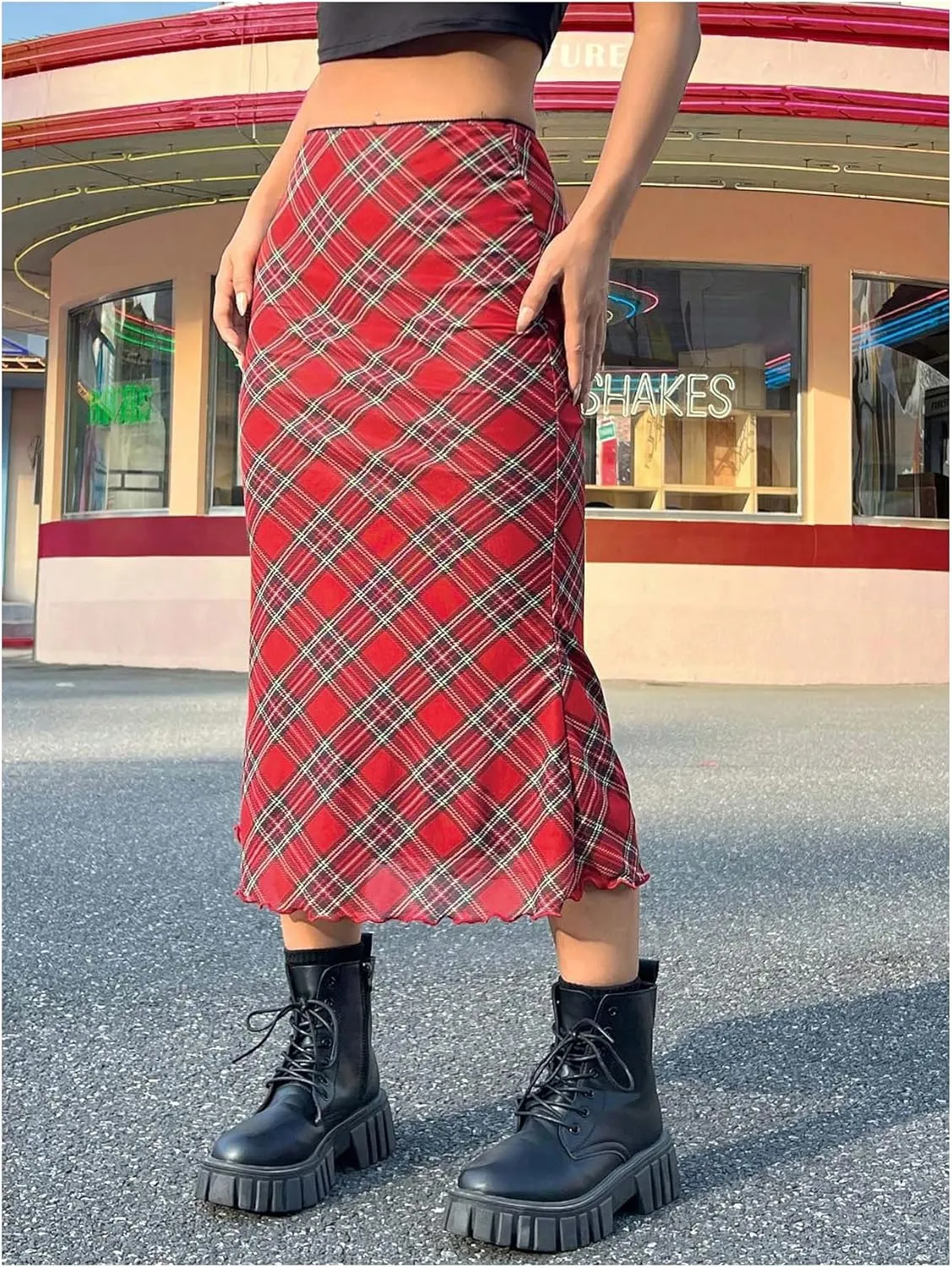 Verdusa Women's Plaid Skirt Y2k Mesh Overlay Midi Skirt Long Flowy Grunge Skirt