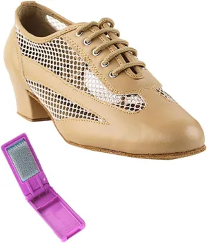 Very Fine Dance Shoes - Ladies Practice, Cuban Low Heel Ballroom Dance Shoes - 2009-1.5-inch Heel and Foldable Brush Bundle - Beige Brown Leather - 9