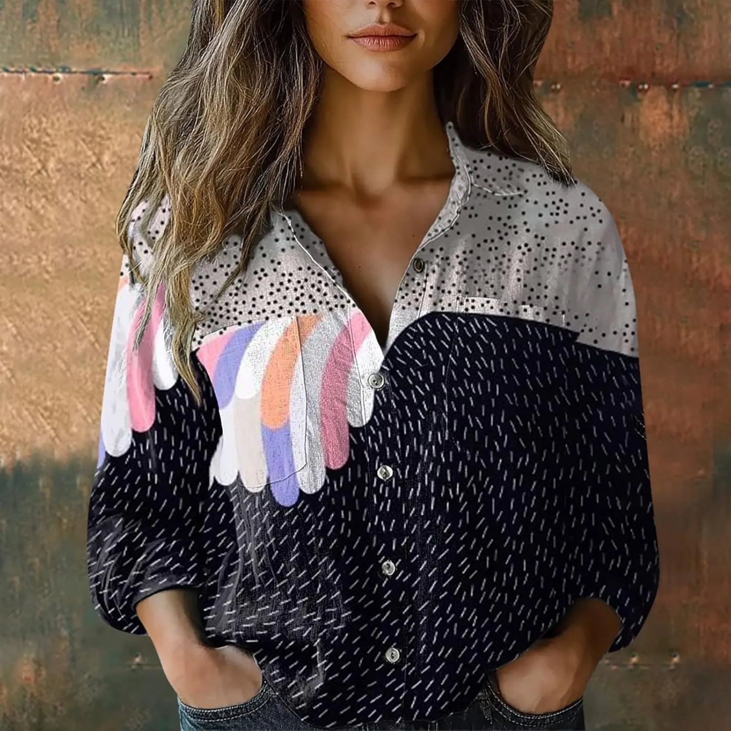 Vintage Boho Tops for Women Floral Print Shirt Casual Long Sleeve Button Up Blouses Loose Fit Dressy Peasant T-Shirts