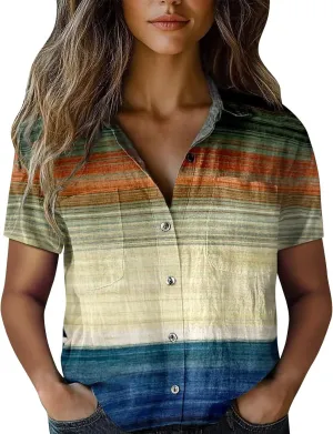 Vintage Boho Tops for Women Floral Print Shirt Casual Short Sleeve Button Up Blouses Ethnic Boho Shirts Tops