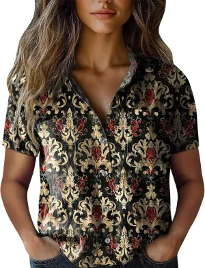 Vintage Boho Tops for Women Floral Print Shirt Casual Short Sleeve Button Up Blouses Ethnic Boho Shirts Tops