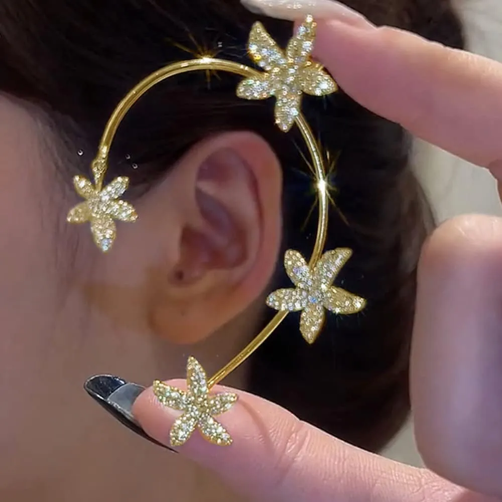 Vintage Crystal Butterfly Flower Ear Cuffs 2pcs Non-pierced Sparkling Iced Out Rhinestone Butterfly Cartilage Climber Ear Wrap Prom Party Festival Ear Jewelry for Women (Gold flower)