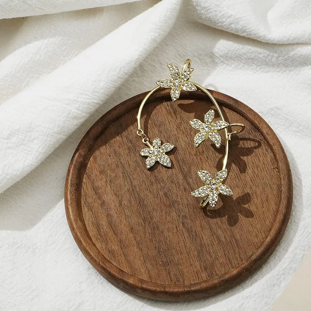 Vintage Crystal Butterfly Flower Ear Cuffs 2pcs Non-pierced Sparkling Iced Out Rhinestone Butterfly Cartilage Climber Ear Wrap Prom Party Festival Ear Jewelry for Women (Gold flower)
