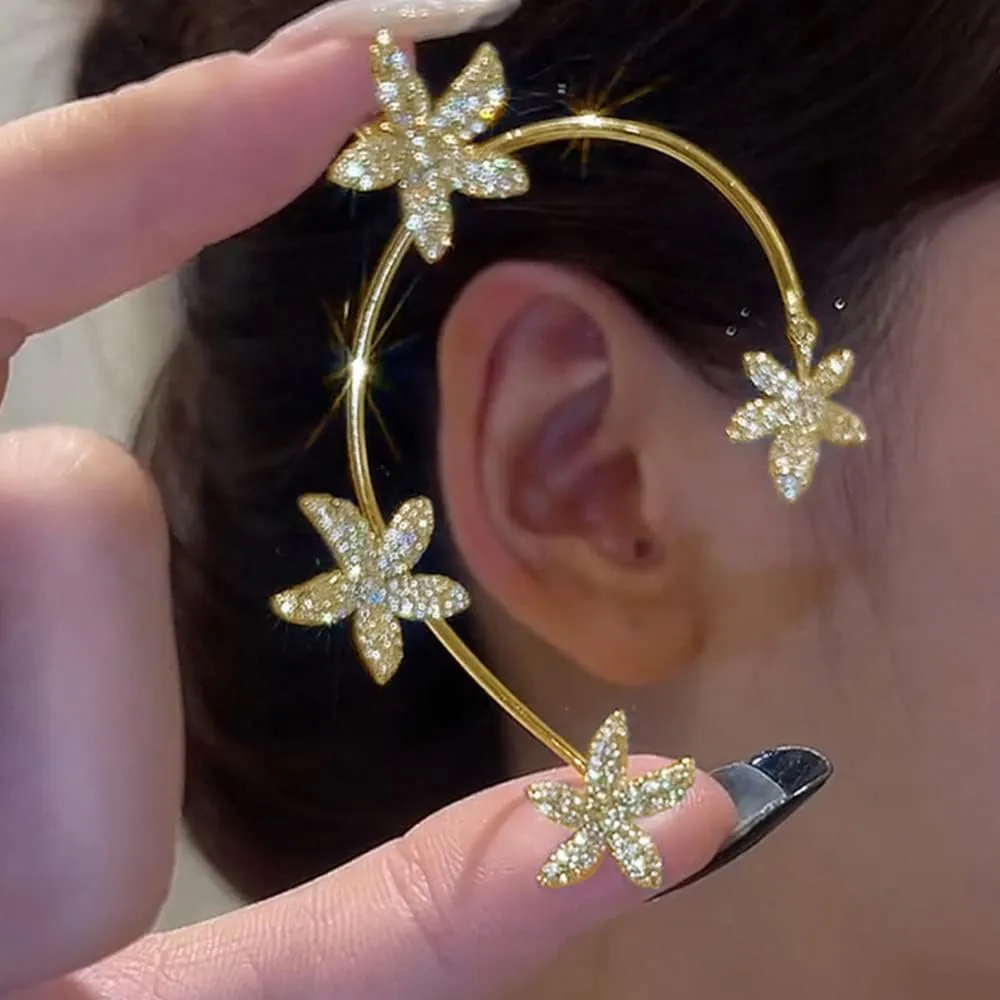 Vintage Crystal Butterfly Flower Ear Cuffs 2pcs Non-pierced Sparkling Iced Out Rhinestone Butterfly Cartilage Climber Ear Wrap Prom Party Festival Ear Jewelry for Women (Gold flower)