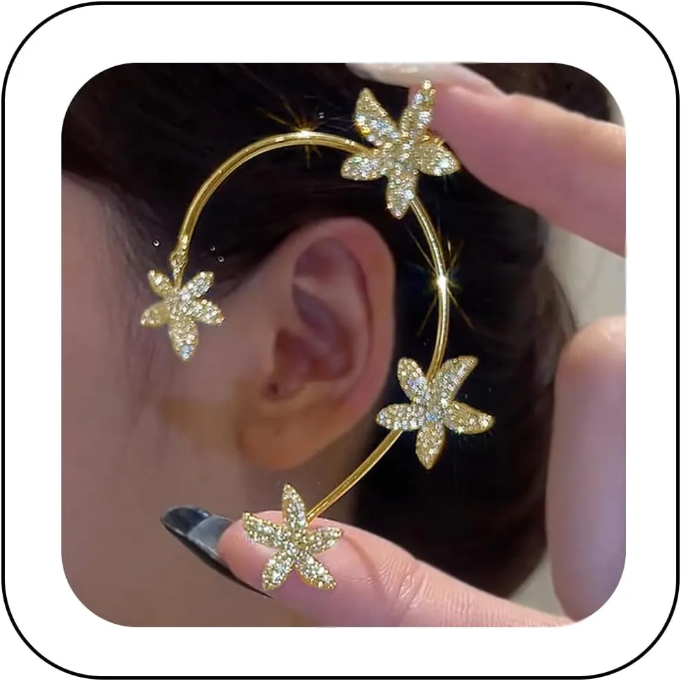 Vintage Crystal Butterfly Flower Ear Cuffs 2pcs Non-pierced Sparkling Iced Out Rhinestone Butterfly Cartilage Climber Ear Wrap Prom Party Festival Ear Jewelry for Women (Gold flower)