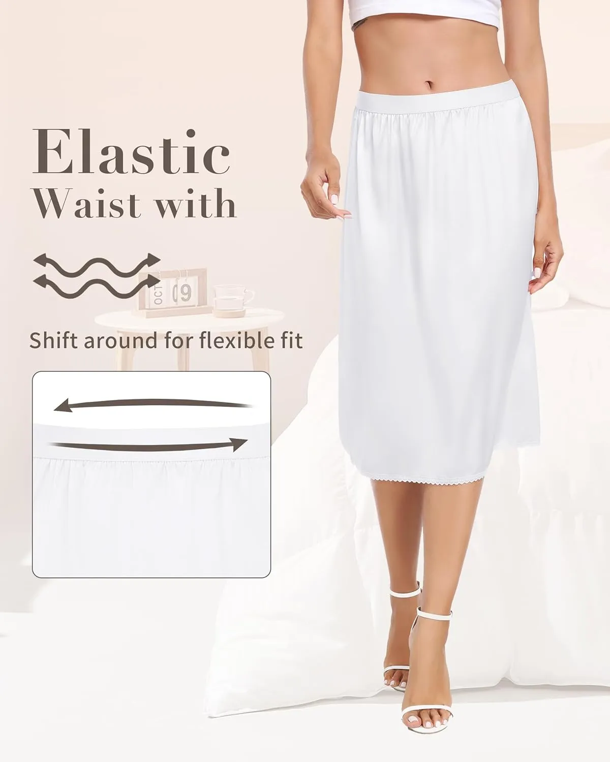 Vlazom Women's Satin Half Slip Lace Slip Skirt Long Half for Under Dress Skirt Extender S-XXL