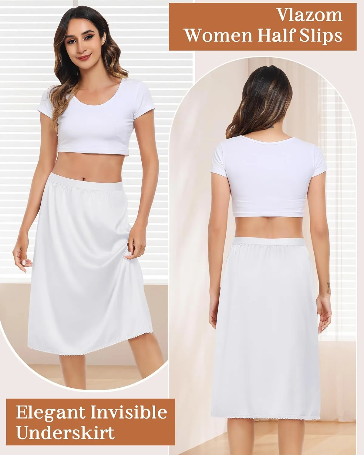 Vlazom Women's Satin Half Slip Lace Slip Skirt Long Half for Under Dress Skirt Extender S-XXL