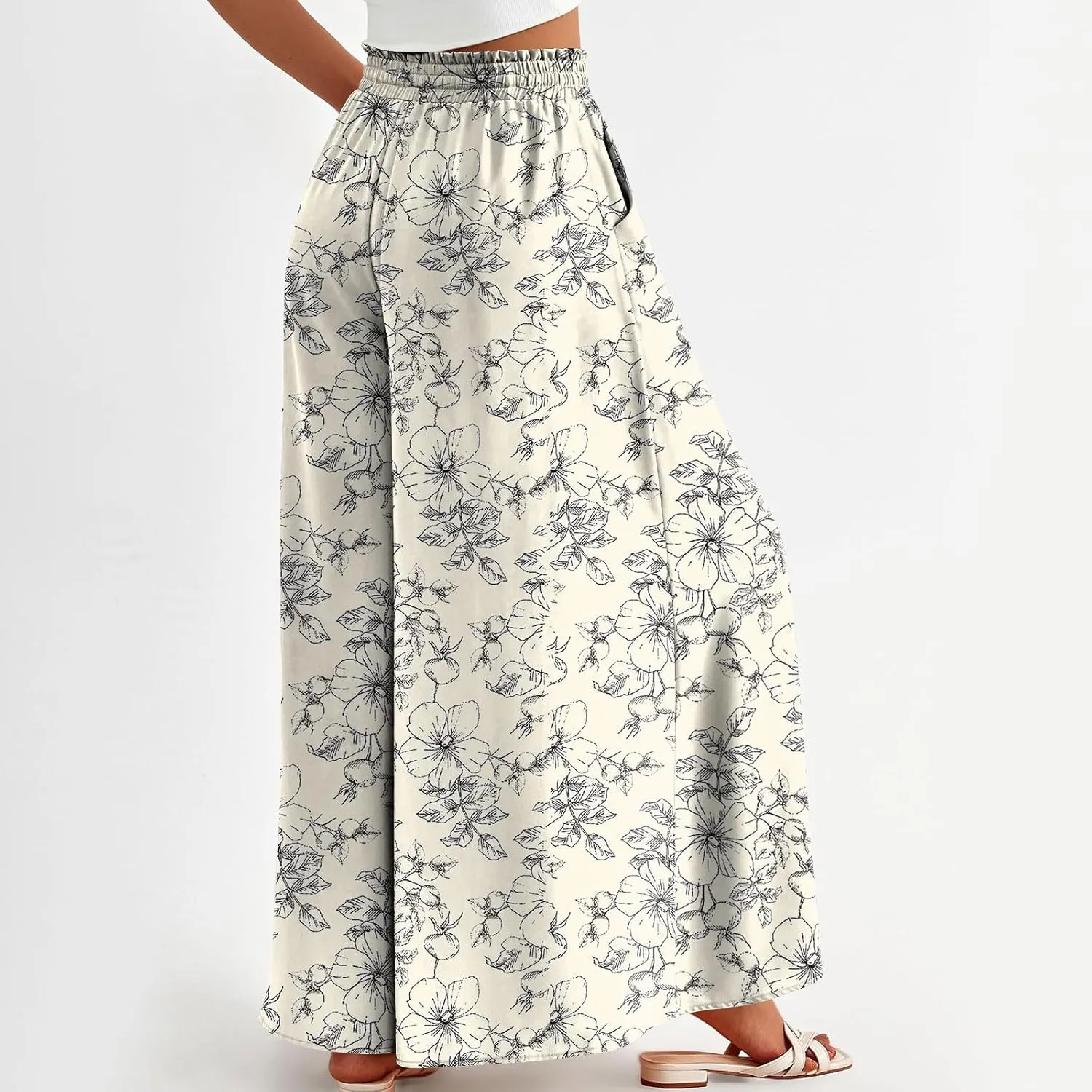 WANZZXCSL Women Casual High Waist Wide Leg Pants Summer Fashion Long Palazzo Pants Lounge Beach Trousers with Pocket