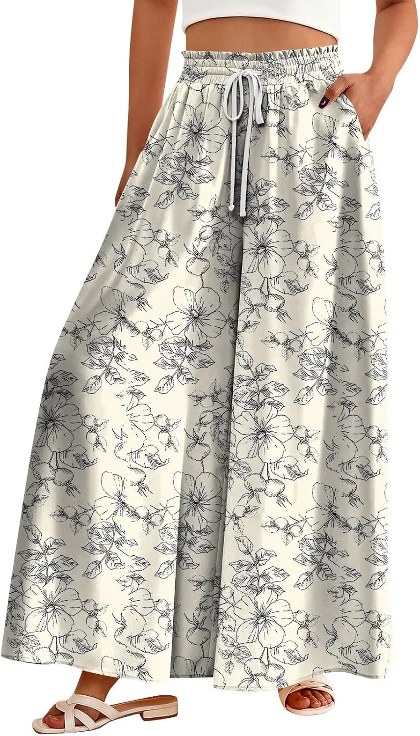 WANZZXCSL Women Casual High Waist Wide Leg Pants Summer Fashion Long Palazzo Pants Lounge Beach Trousers with Pocket
