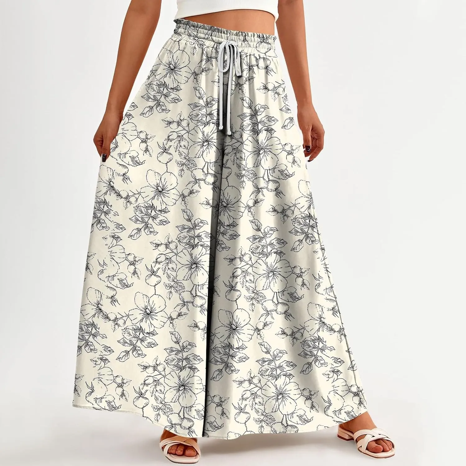 WANZZXCSL Women Casual High Waist Wide Leg Pants Summer Fashion Long Palazzo Pants Lounge Beach Trousers with Pocket