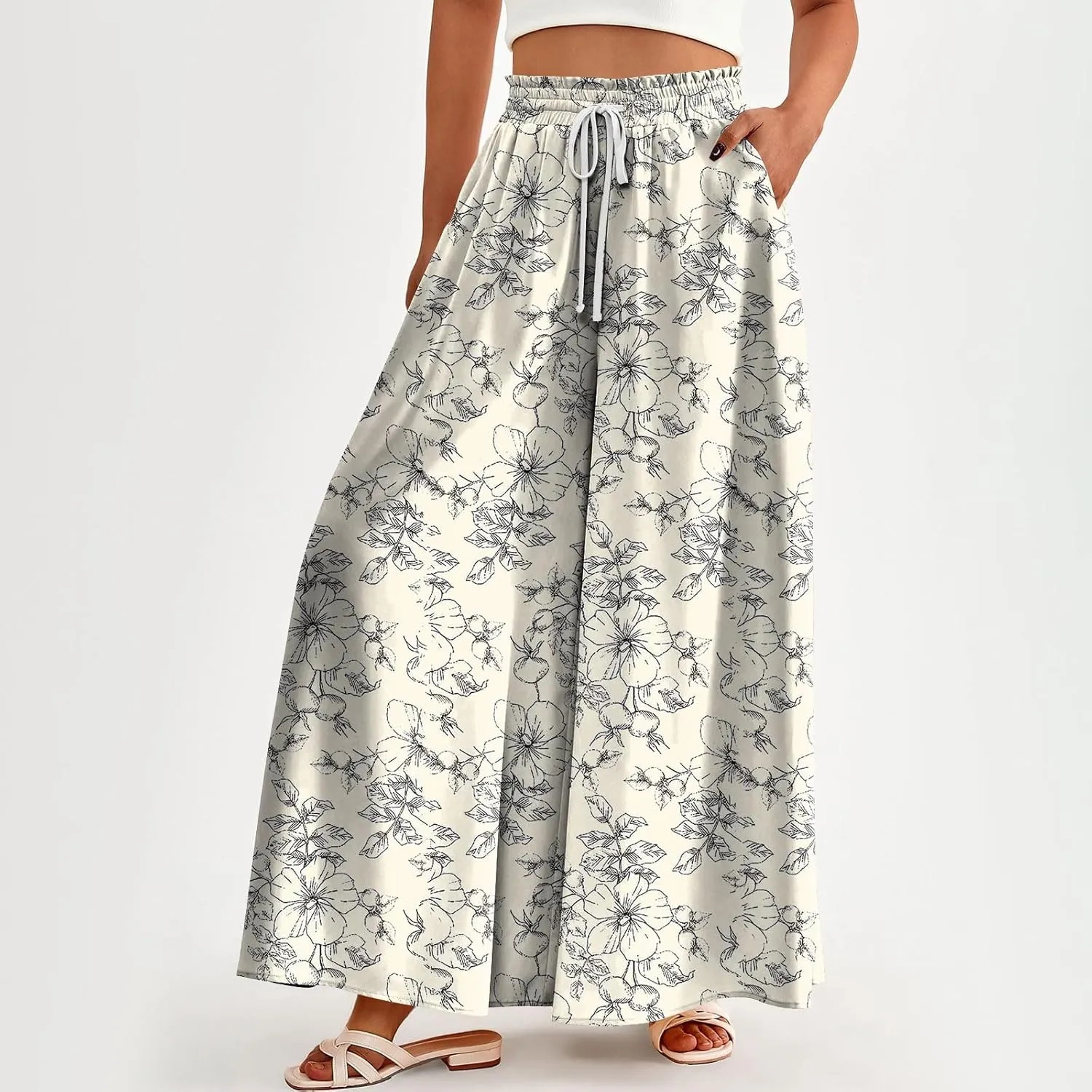 WANZZXCSL Women Casual High Waist Wide Leg Pants Summer Fashion Long Palazzo Pants Lounge Beach Trousers with Pocket
