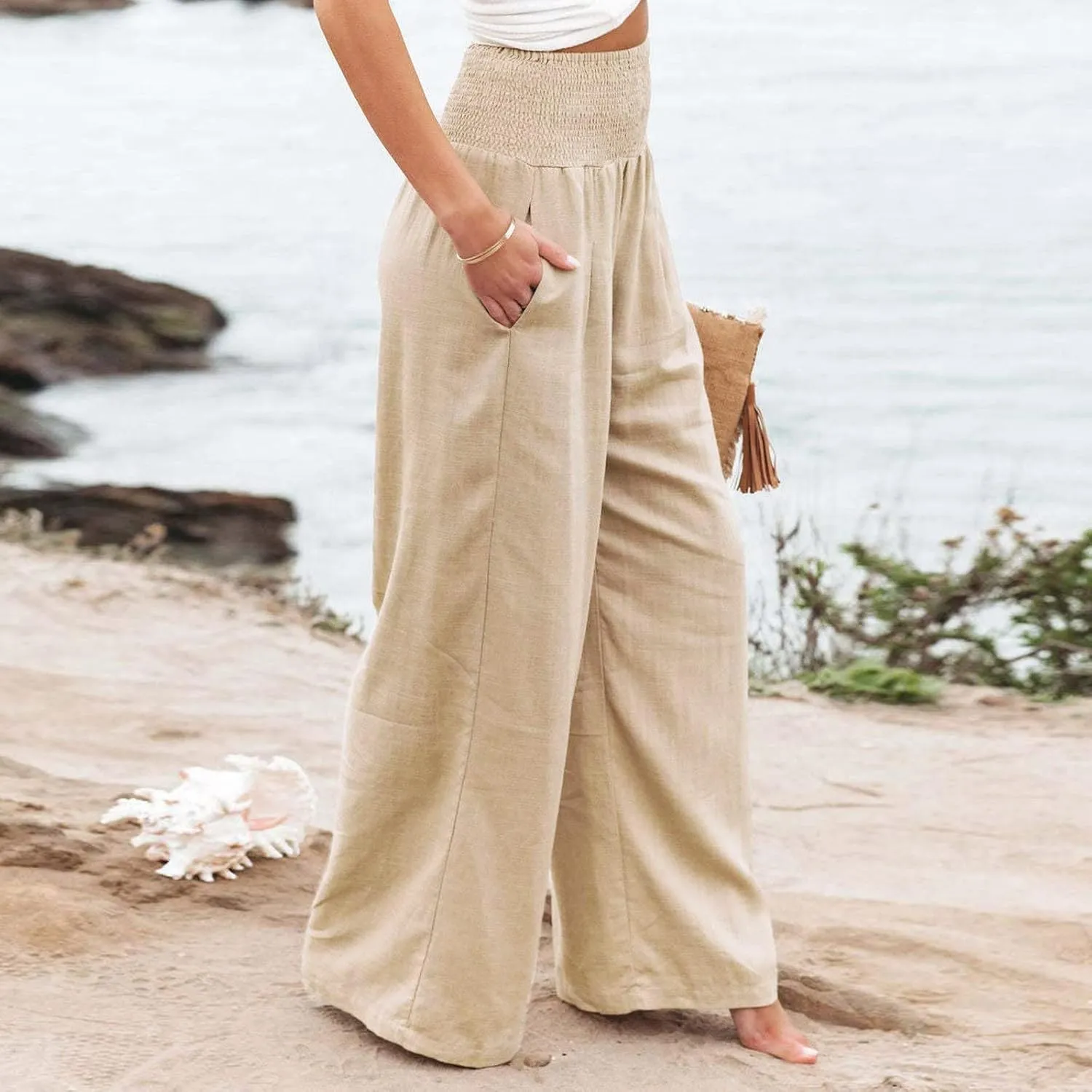 Wide Leg Linen Pants for Women Beach Summer Casual Elastic High Waist Loose Comfy Trousers Trendy Palazzo Pants with Pockets