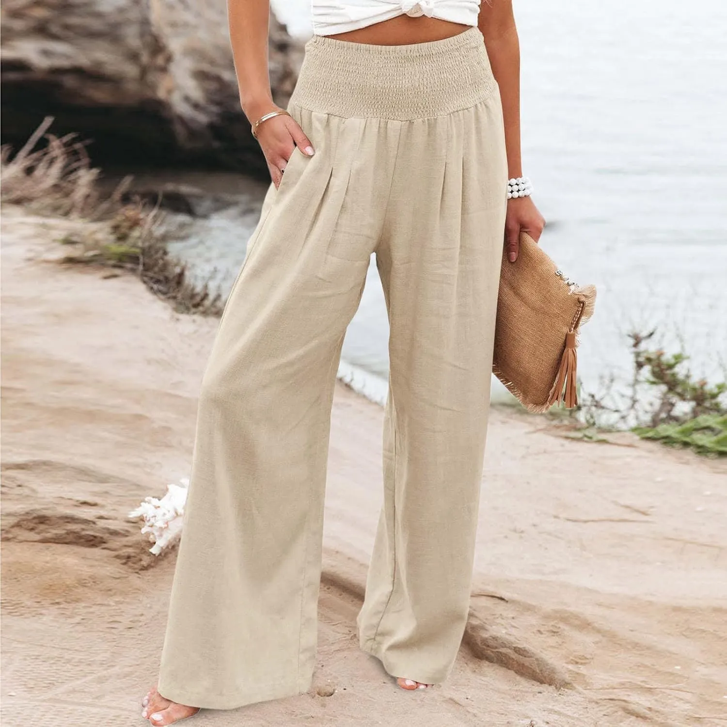 Wide Leg Linen Pants for Women Beach Summer Casual Elastic High Waist Loose Comfy Trousers Trendy Palazzo Pants with Pockets
