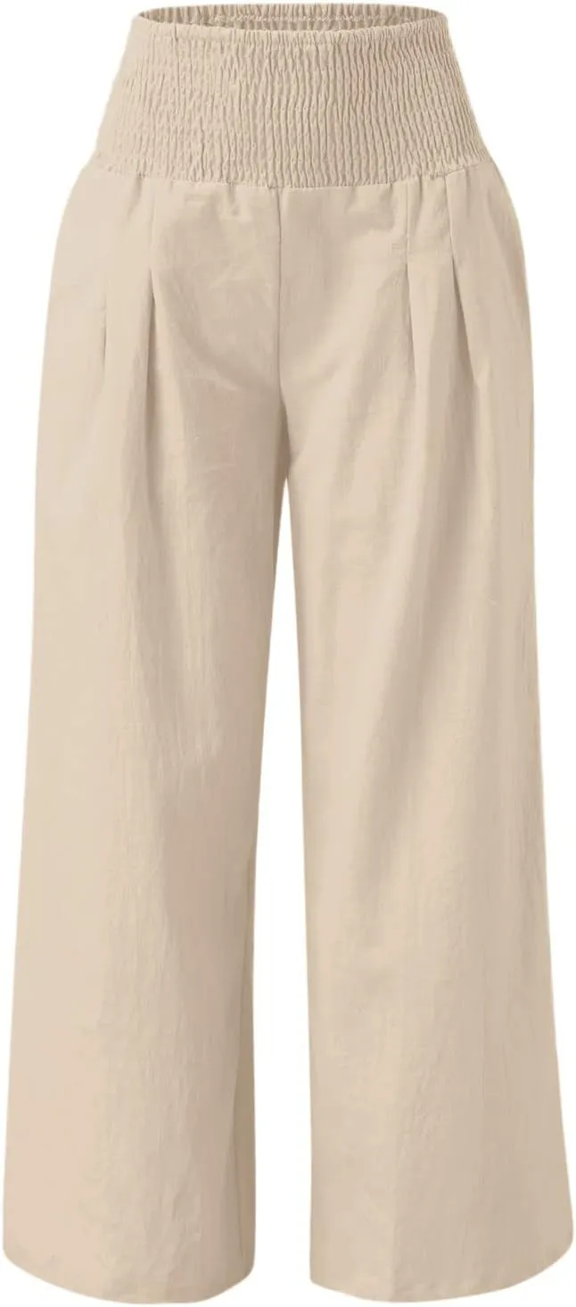 Wide Leg Linen Pants for Women Beach Summer Casual Elastic High Waist Loose Comfy Trousers Trendy Palazzo Pants with Pockets