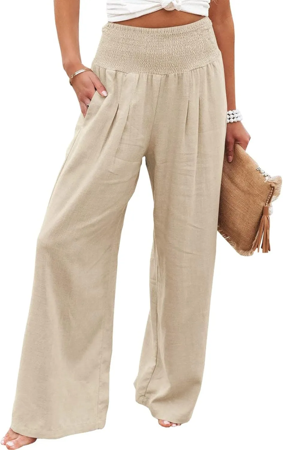 Wide Leg Linen Pants for Women Beach Summer Casual Elastic High Waist Loose Comfy Trousers Trendy Palazzo Pants with Pockets