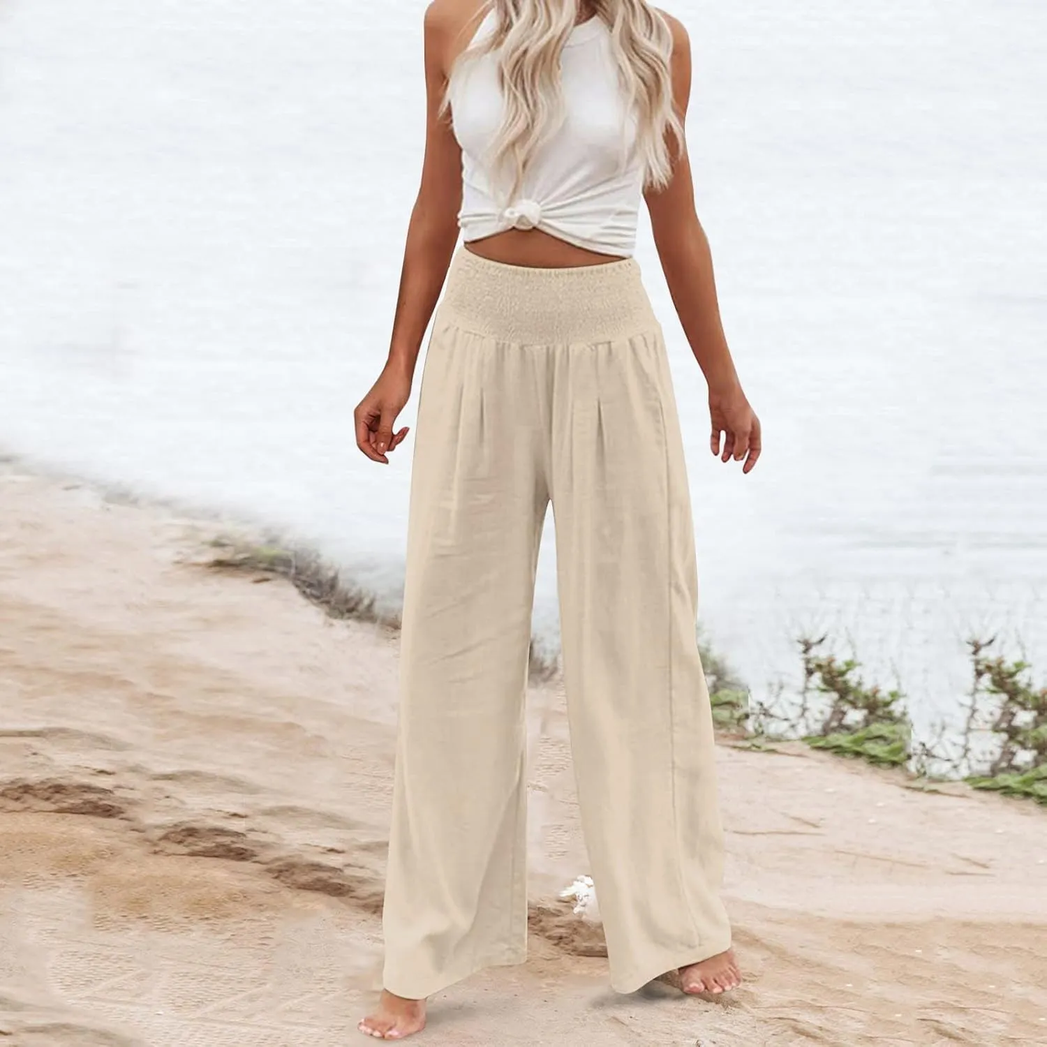 Wide Leg Linen Pants for Women Beach Summer Casual Elastic High Waist Loose Comfy Trousers Trendy Palazzo Pants with Pockets
