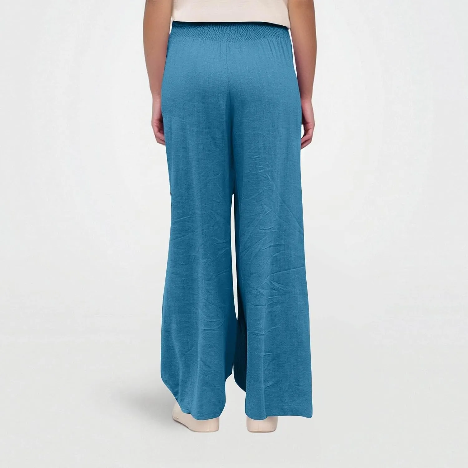 Wide Leg Linen Pants for Women Stretch Smocked High Waisted Ruffle Hem Flowy Beach Palazzo Trousers with Pocket