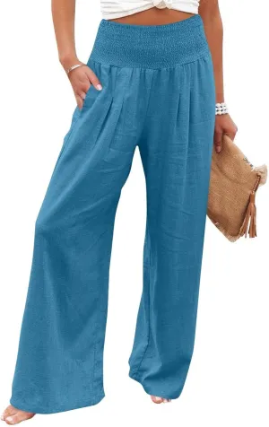Wide Leg Linen Pants for Women Stretch Smocked High Waisted Ruffle Hem Flowy Beach Palazzo Trousers with Pocket