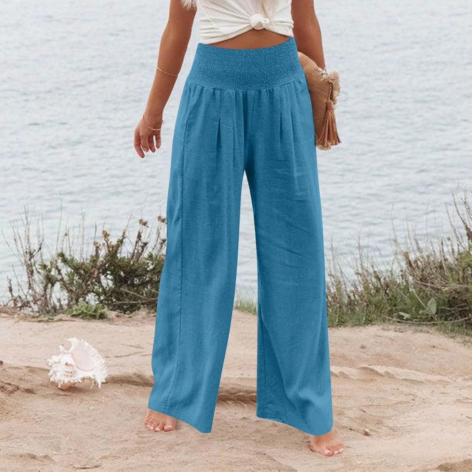 Wide Leg Linen Pants for Women Stretch Smocked High Waisted Ruffle Hem Flowy Beach Palazzo Trousers with Pocket