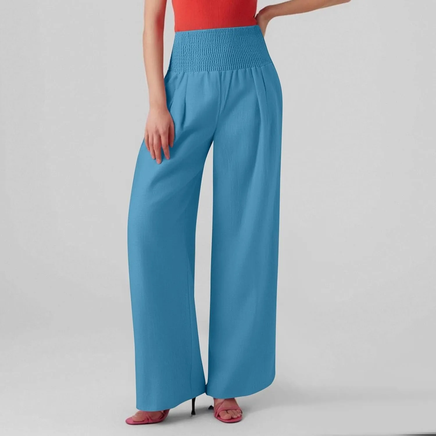 Wide Leg Linen Pants for Women Stretch Smocked High Waisted Ruffle Hem Flowy Beach Palazzo Trousers with Pocket