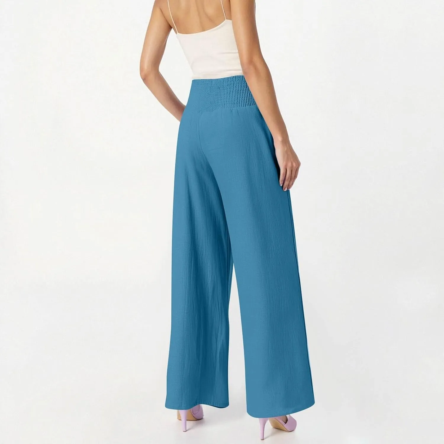 Wide Leg Linen Pants for Women Stretch Smocked High Waisted Ruffle Hem Flowy Beach Palazzo Trousers with Pocket