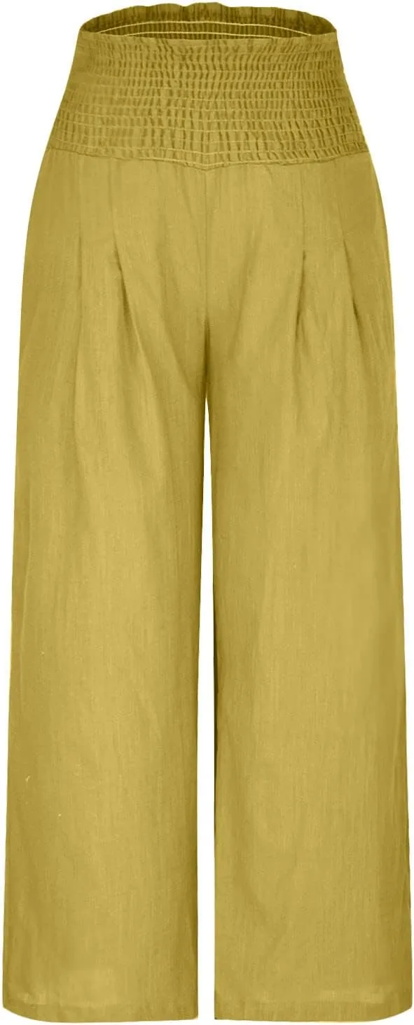 Wide Leg Linen Pants Women Boho Smocked High Waist Palazzo Pants Flowy Summer Vacation Beach Trousers with Pockets