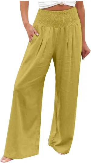 Wide Leg Linen Pants Women Boho Smocked High Waist Palazzo Pants Flowy Summer Vacation Beach Trousers with Pockets