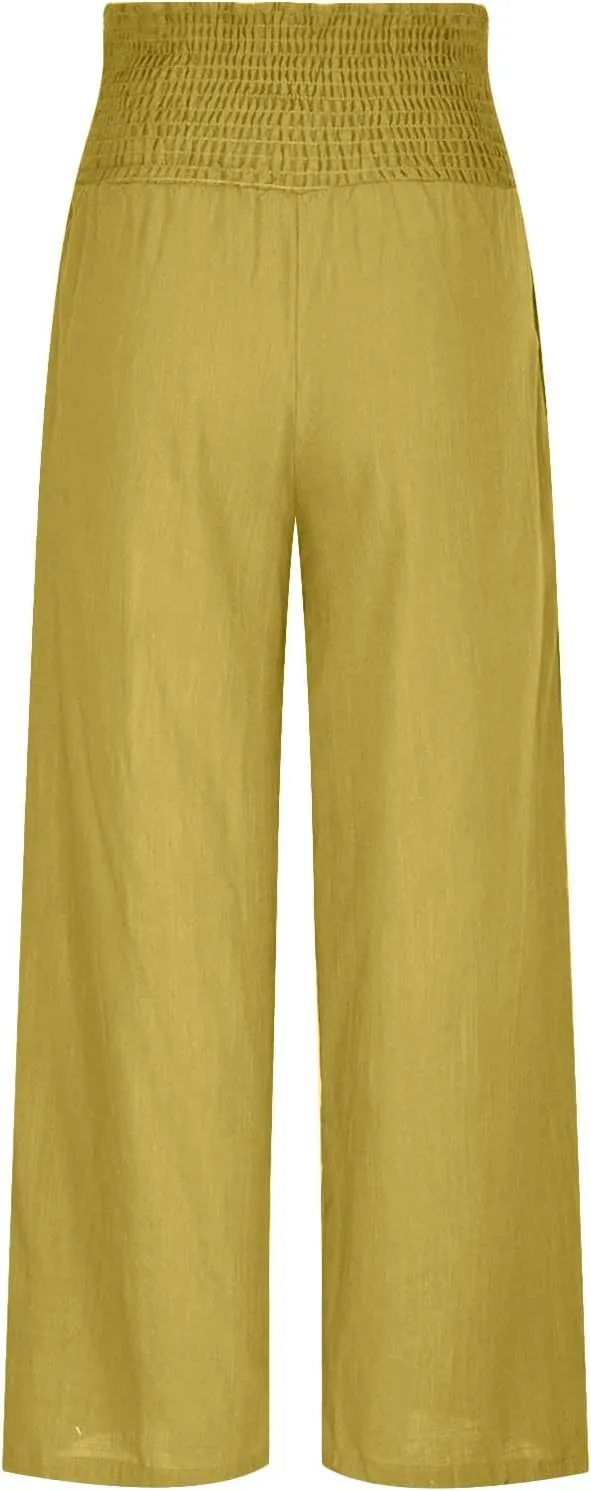 Wide Leg Linen Pants Women Boho Smocked High Waist Palazzo Pants Flowy Summer Vacation Beach Trousers with Pockets