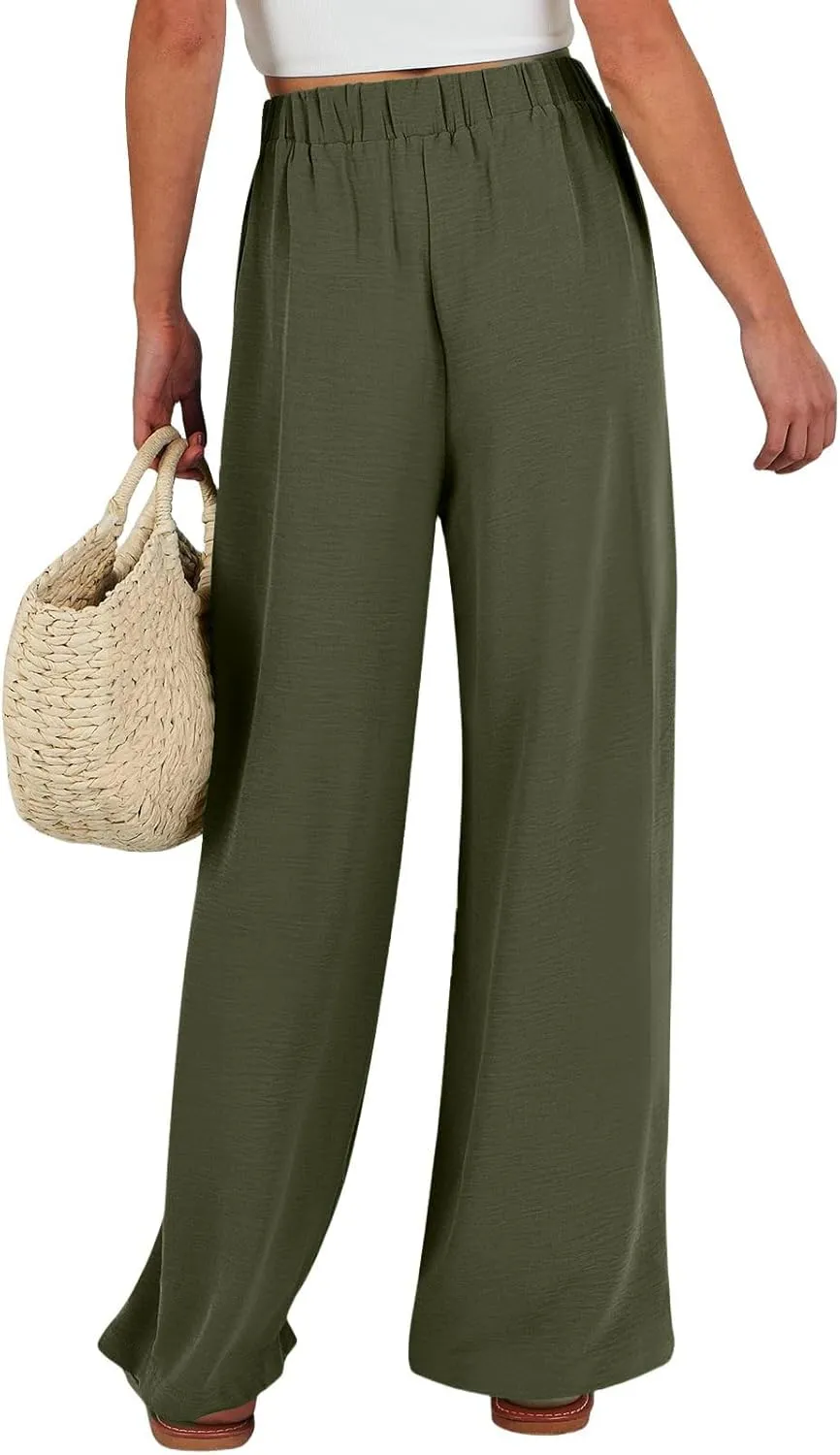 Wide Leg Linen Pants Women High Waisted Drawstring Palazzo Pants with Pockets Casual Flowy Loose Fit Beach Trousers