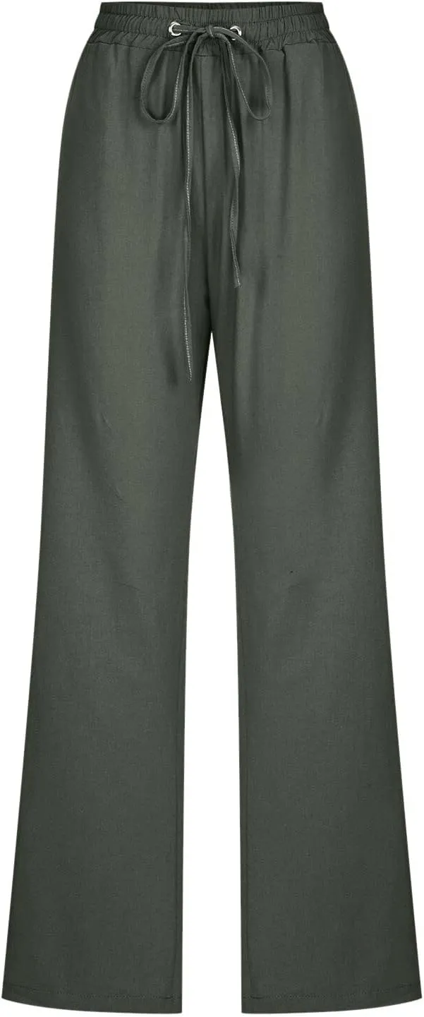 Wide Leg Linen Pants Women Preppy High Waist Palazzo Pants Summer Flowy Beach Pants Business Work Casual Pants with Pockets