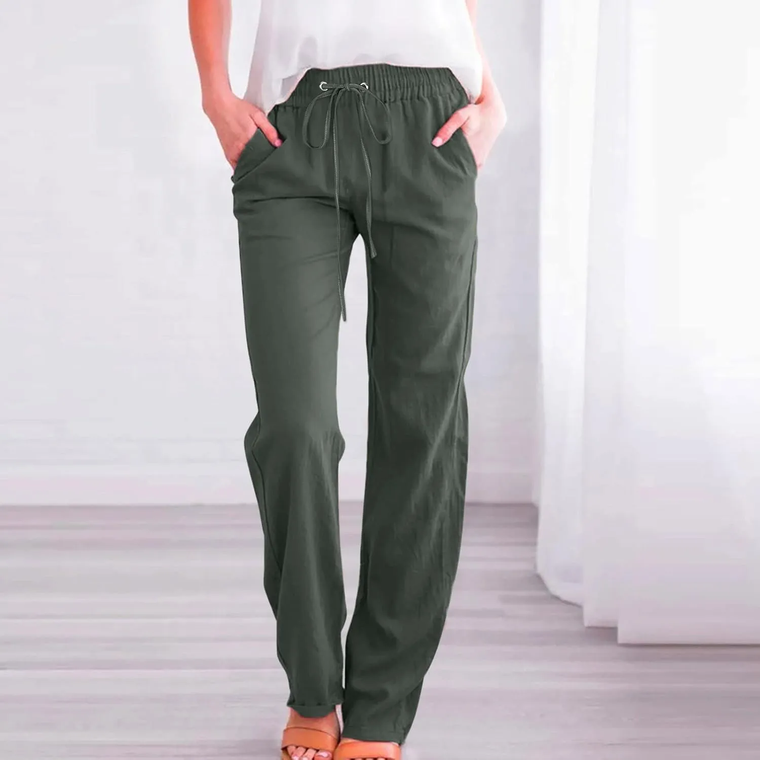 Wide Leg Linen Pants Women Preppy High Waist Palazzo Pants Summer Flowy Beach Pants Business Work Casual Pants with Pockets