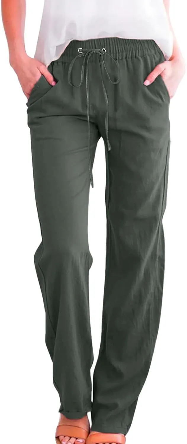 Wide Leg Linen Pants Women Preppy High Waist Palazzo Pants Summer Flowy Beach Pants Business Work Casual Pants with Pockets