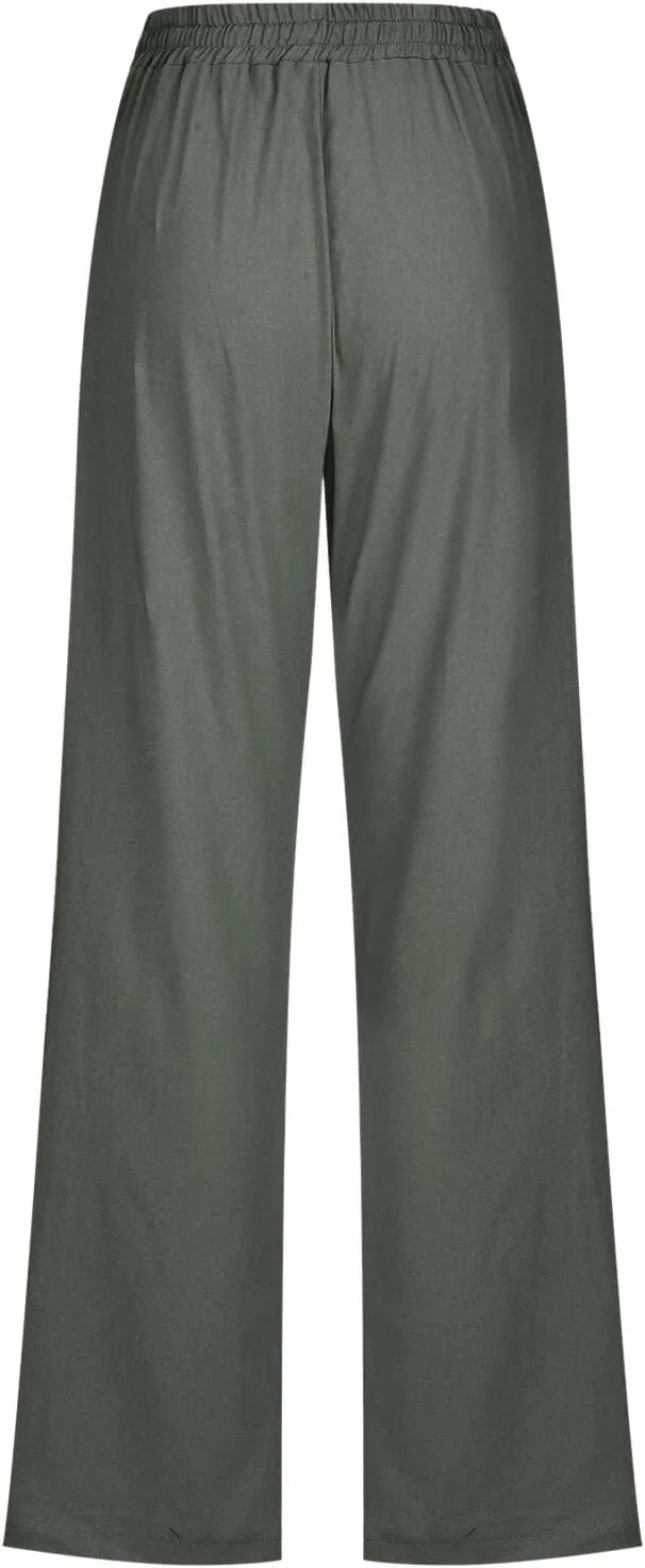 Wide Leg Linen Pants Women Preppy High Waist Palazzo Pants Summer Flowy Beach Pants Business Work Casual Pants with Pockets
