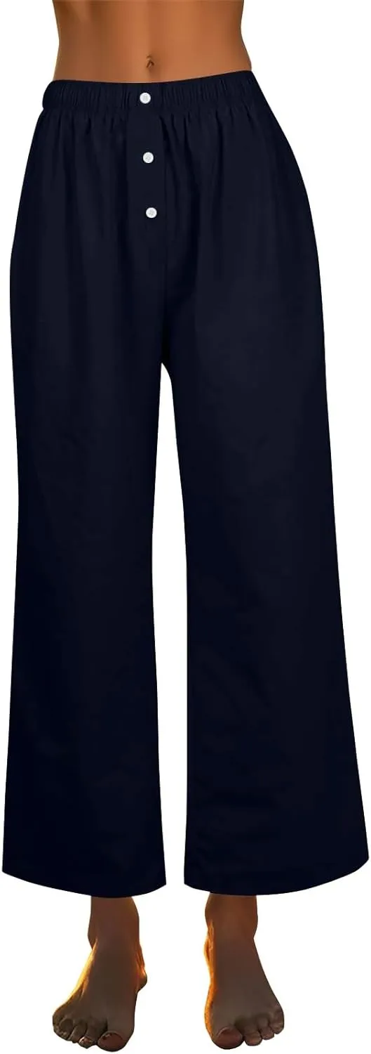 Wide Leg Palazzo Pants for Women Linen Pants High Waisted Summer Baggy Pant Casual Trousers with Pockets (S-2Xl)