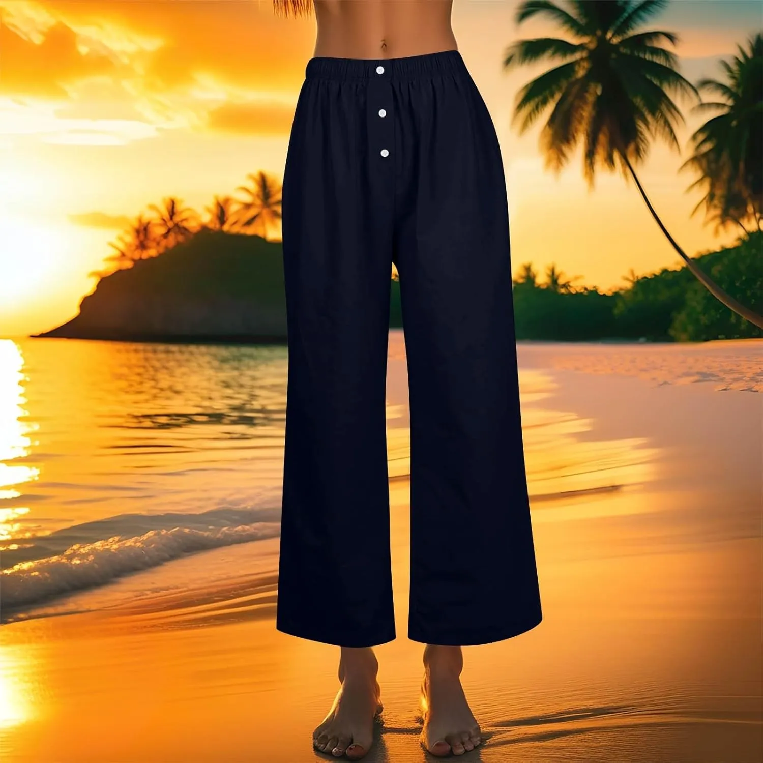 Wide Leg Palazzo Pants for Women Linen Pants High Waisted Summer Baggy Pant Casual Trousers with Pockets (S-2Xl)