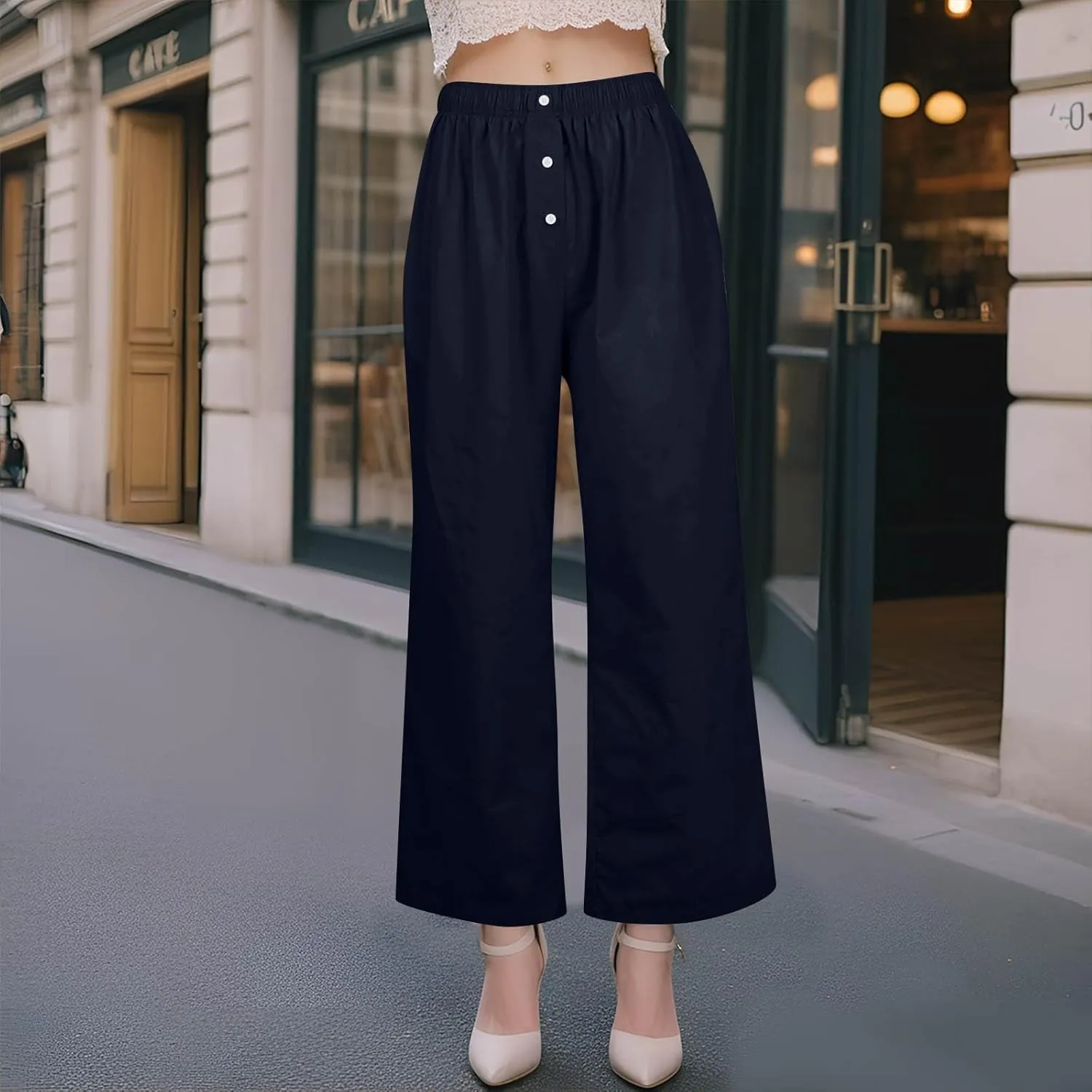 Wide Leg Palazzo Pants for Women Linen Pants High Waisted Summer Baggy Pant Casual Trousers with Pockets (S-2Xl)
