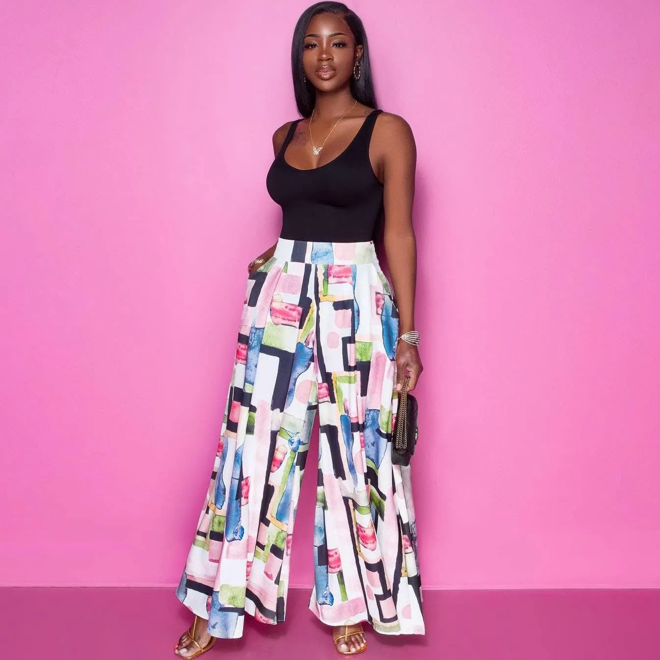 Wide Leg Pants for Women Casual Colorful Printed High Waist Palazzo Lounge Pants Loose Fit Trousers with Pockets
