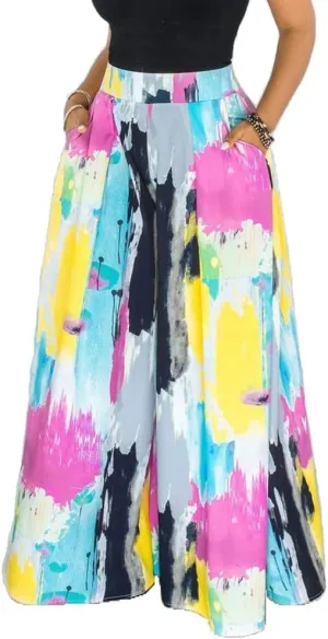 Wide Leg Pants for Women Casual Colorful Printed High Waist Palazzo Lounge Pants Loose Fit Trousers with Pockets