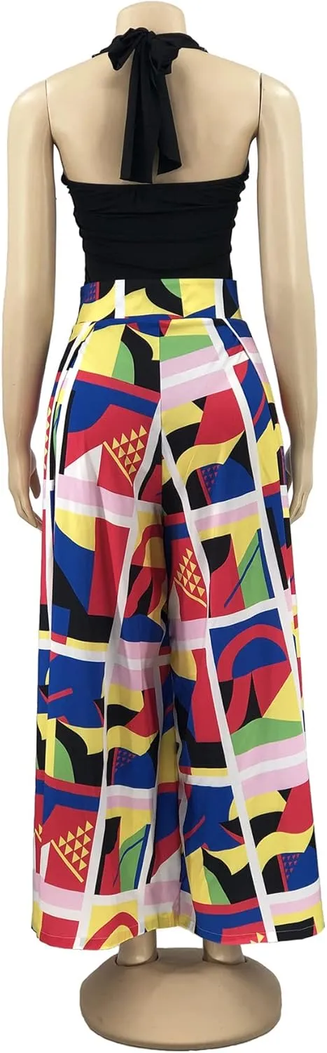 Wide Leg Pants for Women Casual Colorful Printed High Waist Palazzo Lounge Pants Loose Fit Trousers with Pockets
