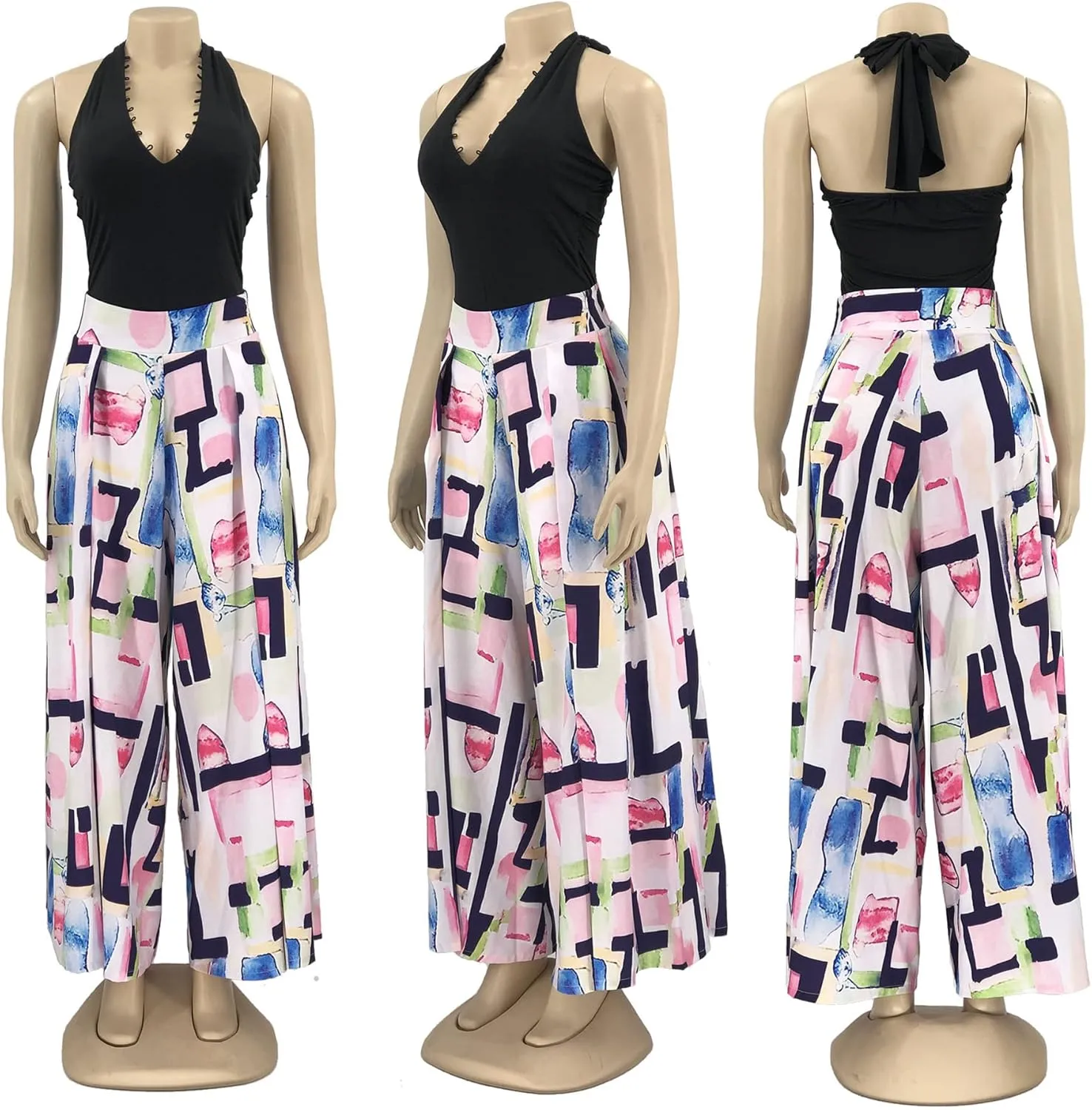 Wide Leg Pants for Women Casual Colorful Printed High Waist Palazzo Lounge Pants Loose Fit Trousers with Pockets