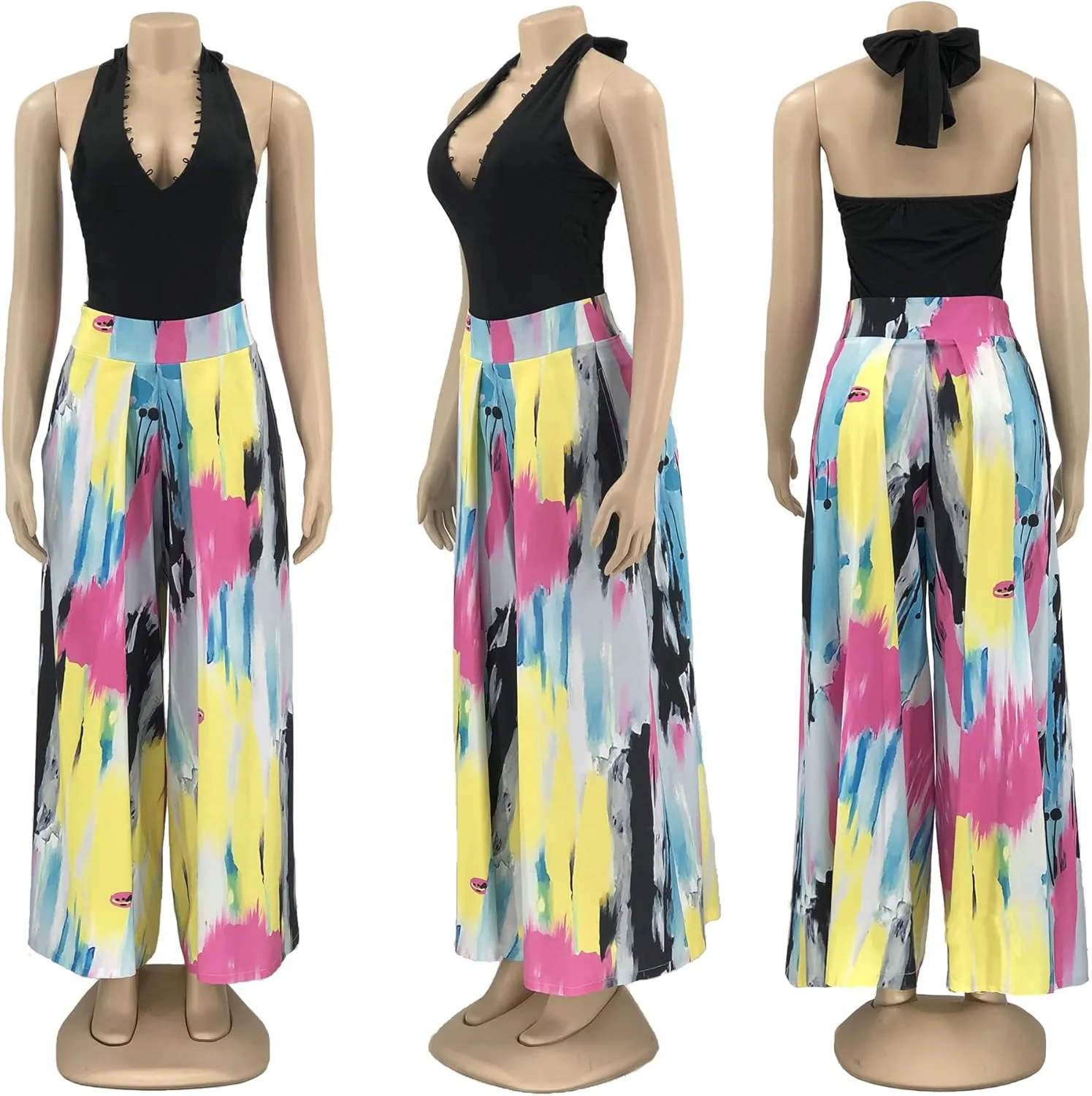 Wide Leg Pants for Women Casual Colorful Printed High Waist Palazzo Lounge Pants Loose Fit Trousers with Pockets