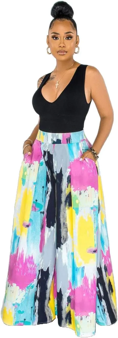Wide Leg Pants for Women Casual Colorful Printed High Waist Palazzo Lounge Pants Loose Fit Trousers with Pockets