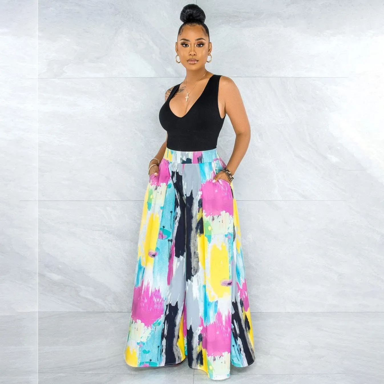Wide Leg Pants for Women Casual Colorful Printed High Waist Palazzo Lounge Pants Loose Fit Trousers with Pockets