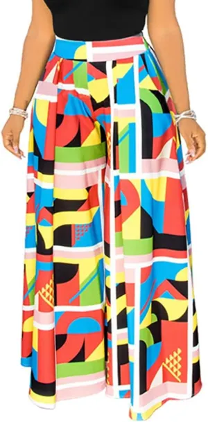 Wide Leg Pants for Women Casual Colorful Printed High Waist Palazzo Lounge Pants Loose Fit Trousers with Pockets