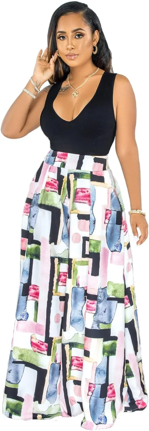 Wide Leg Pants for Women Casual Colorful Printed High Waist Palazzo Lounge Pants Loose Fit Trousers with Pockets
