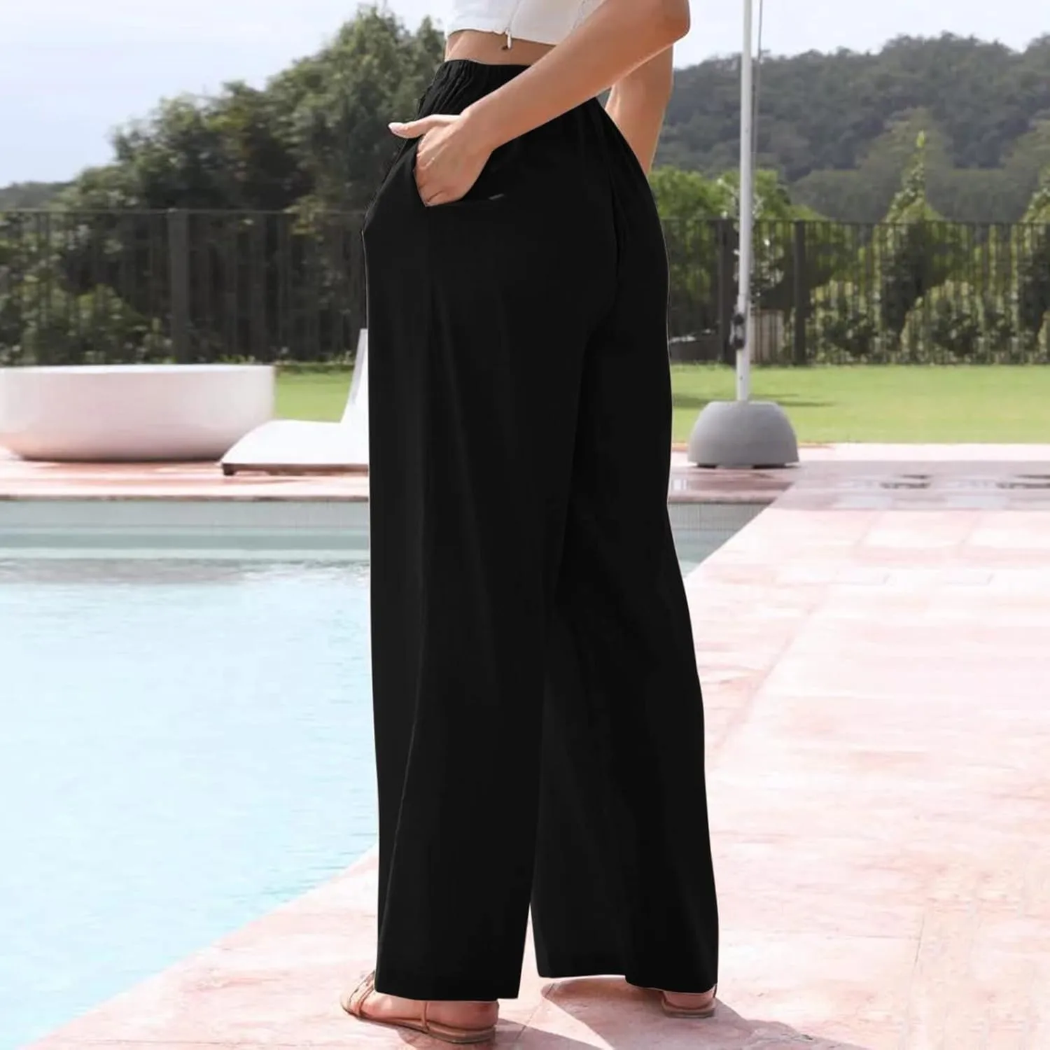 Wide Leg Pants Woman Baggy Lightweight Casual Palazzo Pants Drawstring Elastic Waisted Summer Comfy Outdoor Slacks