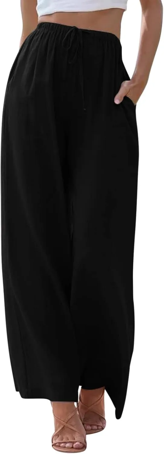 Wide Leg Pants Woman Baggy Lightweight Casual Palazzo Pants Drawstring Elastic Waisted Summer Comfy Outdoor Slacks